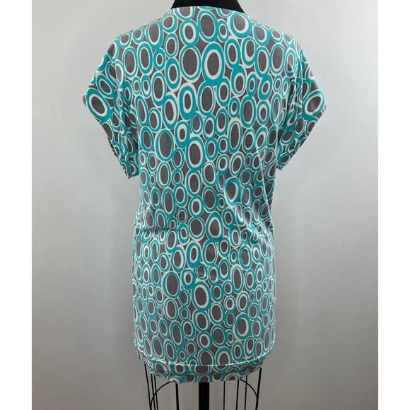 TRINA TURK Turquoise Gray Print Short Sleeve Plunging Neckline Tunic Top Size S - Picture 4 of 8
